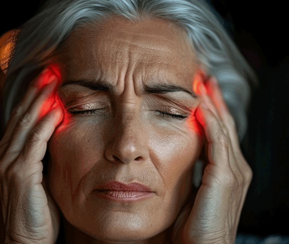 Middle-aged woman massaging her temples, red showing migraine pain