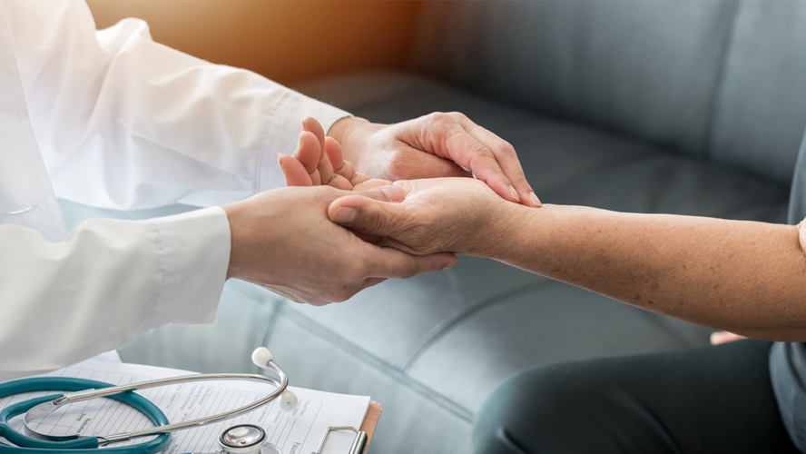 Elderly patient pulse check by medical geriatric doctor for awareness in stroke systolic high blood pressure, hypertension, hypotension and cardiovascular disease in aged senior older woman person - stock photo