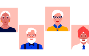 Set of avatars of elderly men and women of different nationalities and races. Diversity. Multinationality. Portraits of grandparents. Vector flat illustration