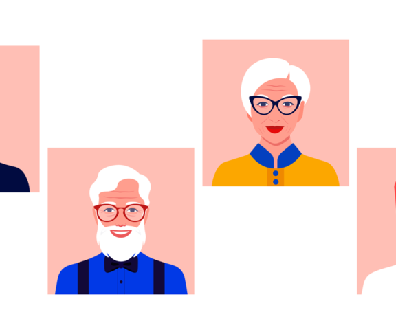 Set of avatars of elderly men and women of different nationalities and races. Diversity. Multinationality. Portraits of grandparents. Vector flat illustration